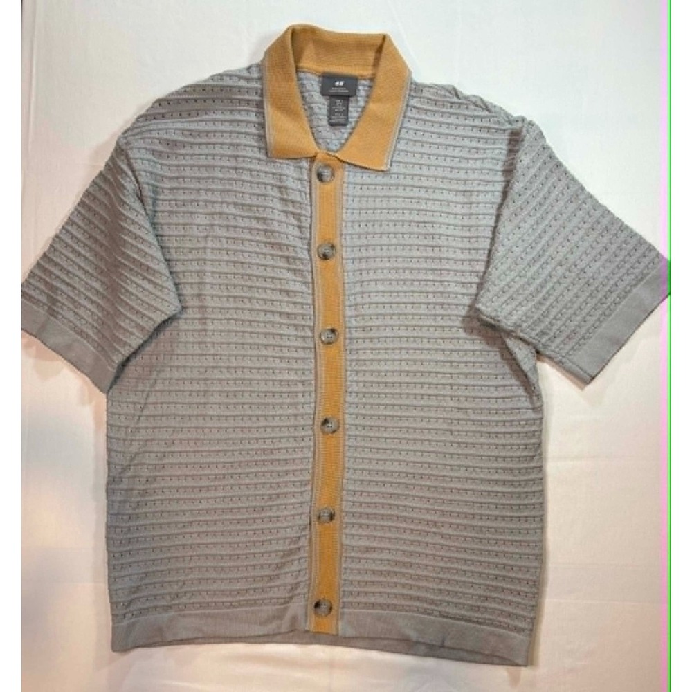 HM Men Small Knit Polo Shirt Gray Yellow Button Up Short Sleeve Retro Pointelle